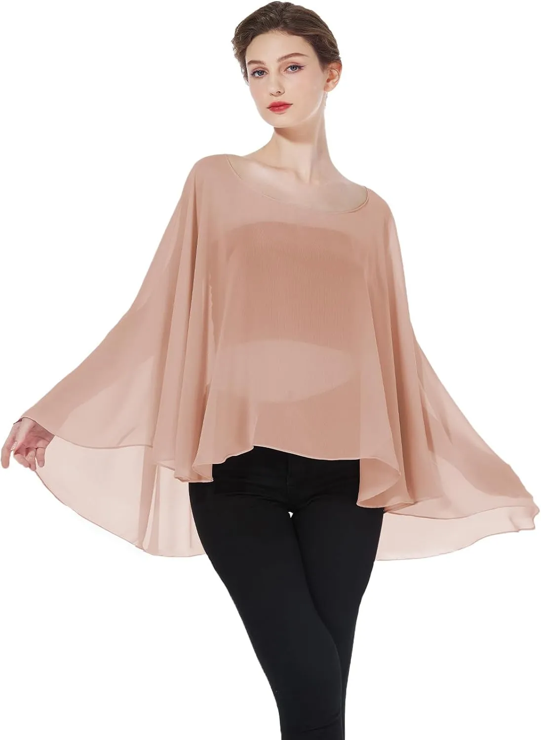 Women Poncho Cape High Low Chiffon Shawls Wraps Scarves Capelets for Evening Dress Bridal Wedding Party