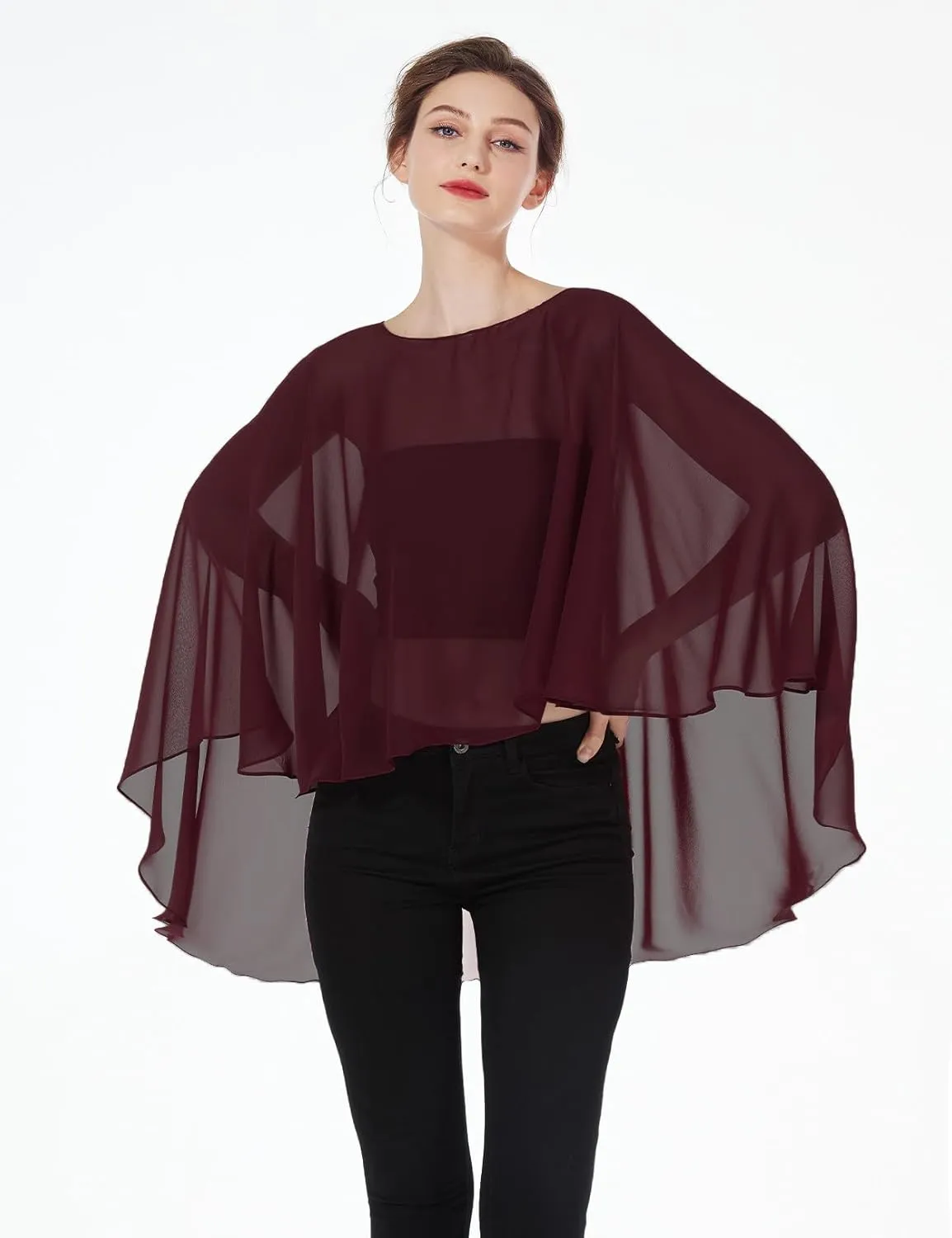 Women Poncho Cape High Low Chiffon Shawls Wraps Scarves Capelets for Evening Dress Bridal Wedding Party