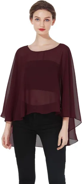 Women Poncho Cape High Low Chiffon Shawls Wraps Scarves Capelets for Evening Dress Bridal Wedding Party