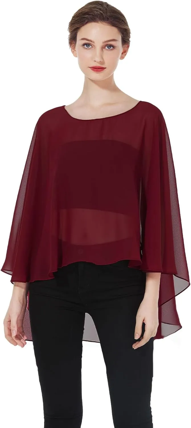 Women Poncho Cape High Low Chiffon Shawls Wraps Scarves Capelets for Evening Dress Bridal Wedding Party