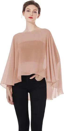 Women Poncho Cape High Low Chiffon Shawls Wraps Scarves Capelets for Evening Dress Bridal Wedding Party