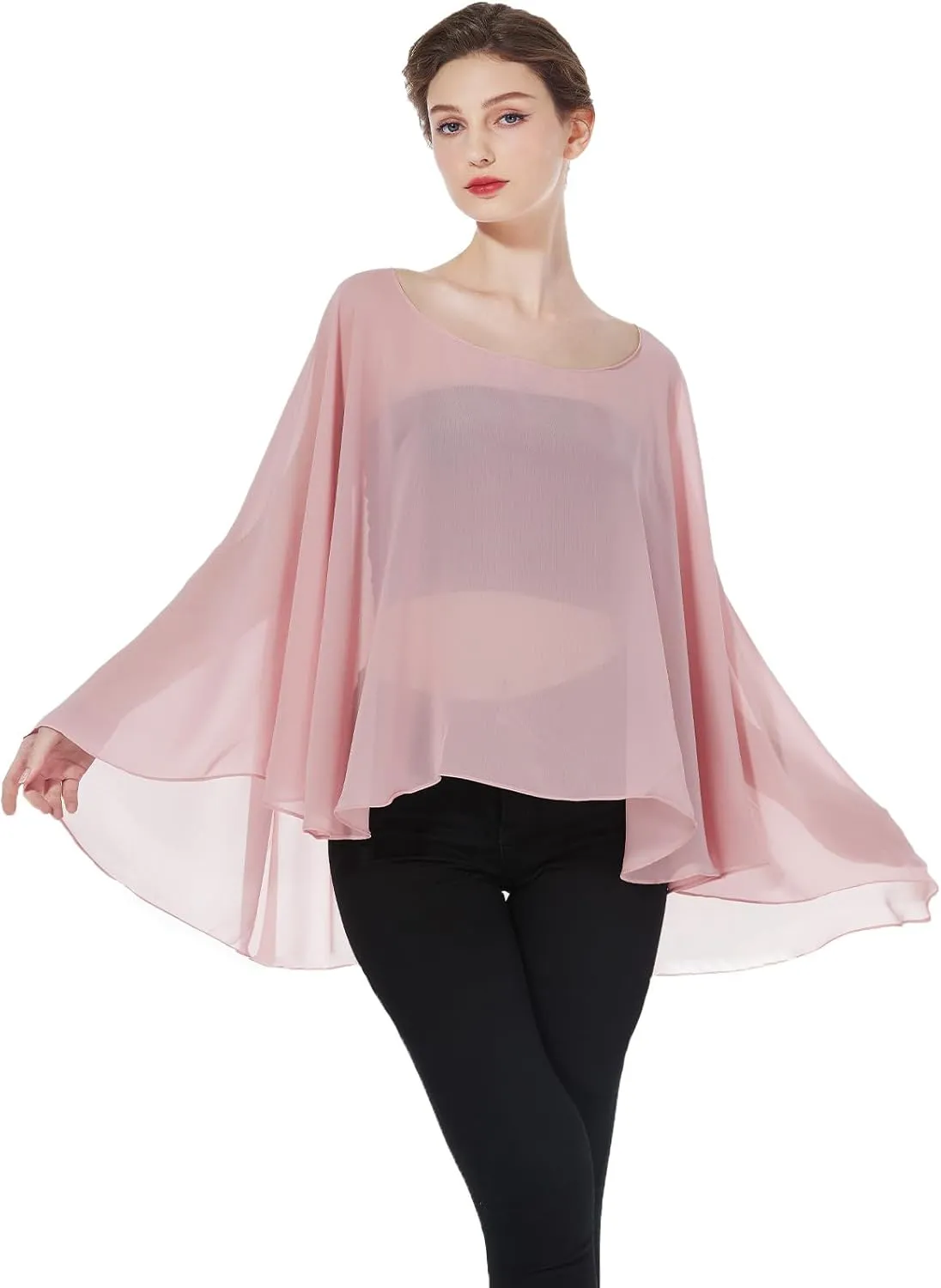 Women Poncho Cape High Low Chiffon Shawls Wraps Scarves Capelets for Evening Dress Bridal Wedding Party