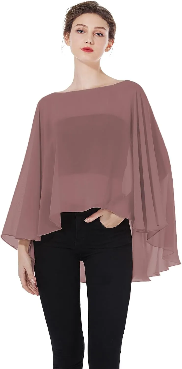 Women Poncho Cape High Low Chiffon Shawls Wraps Scarves Capelets for Evening Dress Bridal Wedding Party