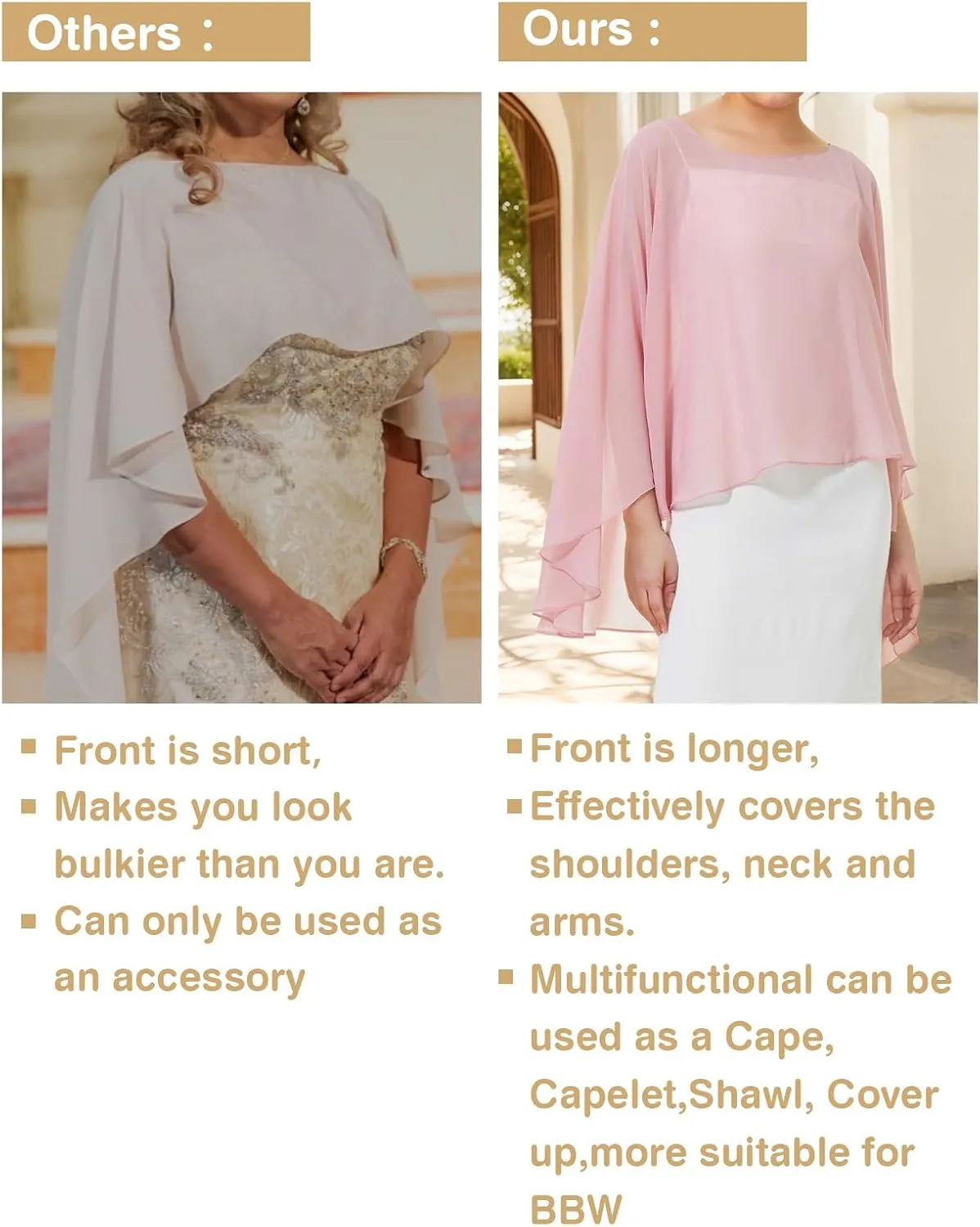 Women Poncho Cape High Low Chiffon Shawls Wraps Scarves Capelets for Evening Dress Bridal Wedding Party