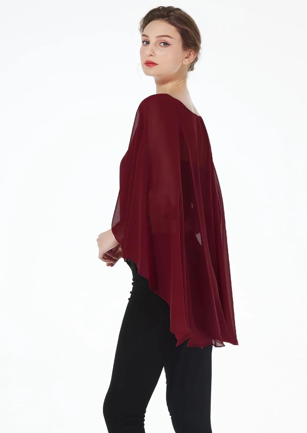 Women Poncho Cape High Low Chiffon Shawls Wraps Scarves Capelets for Evening Dress Bridal Wedding Party