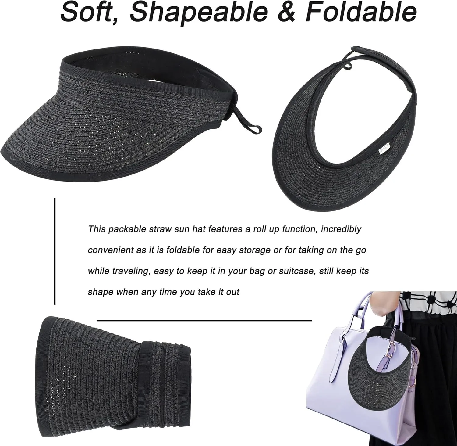 Women Straw Sun Visor Hat Wide Brim Foldable Summer UV Protection Beach Cap Packale Hats