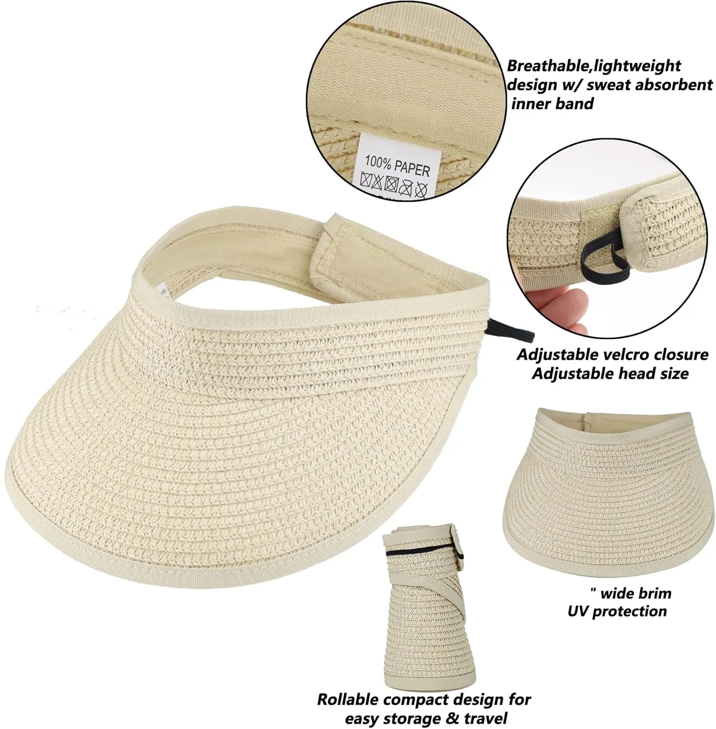 Women Straw Sun Visor Hat Wide Brim Foldable Summer UV Protection Beach Cap Packale Hats