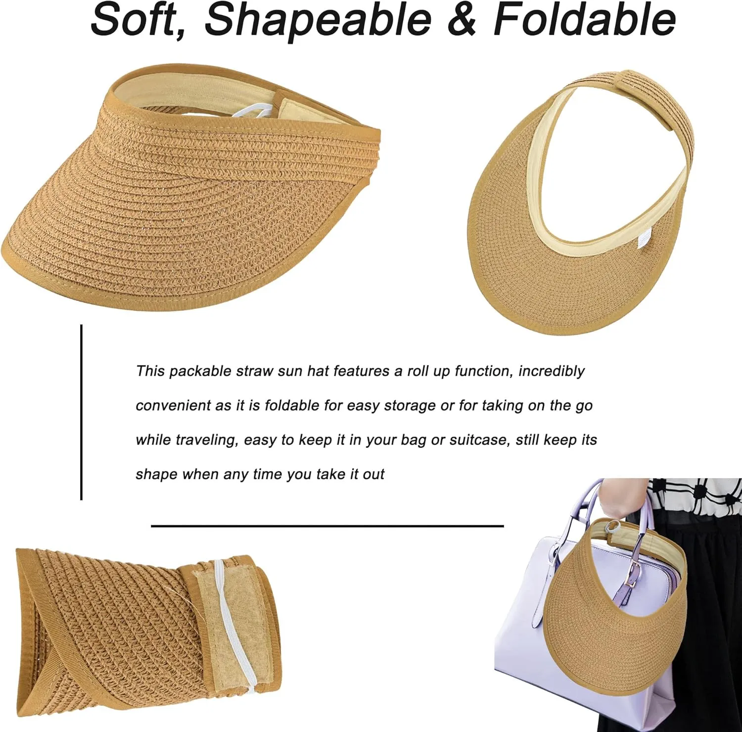 Women Straw Sun Visor Hat Wide Brim Foldable Summer UV Protection Beach Cap Packale Hats