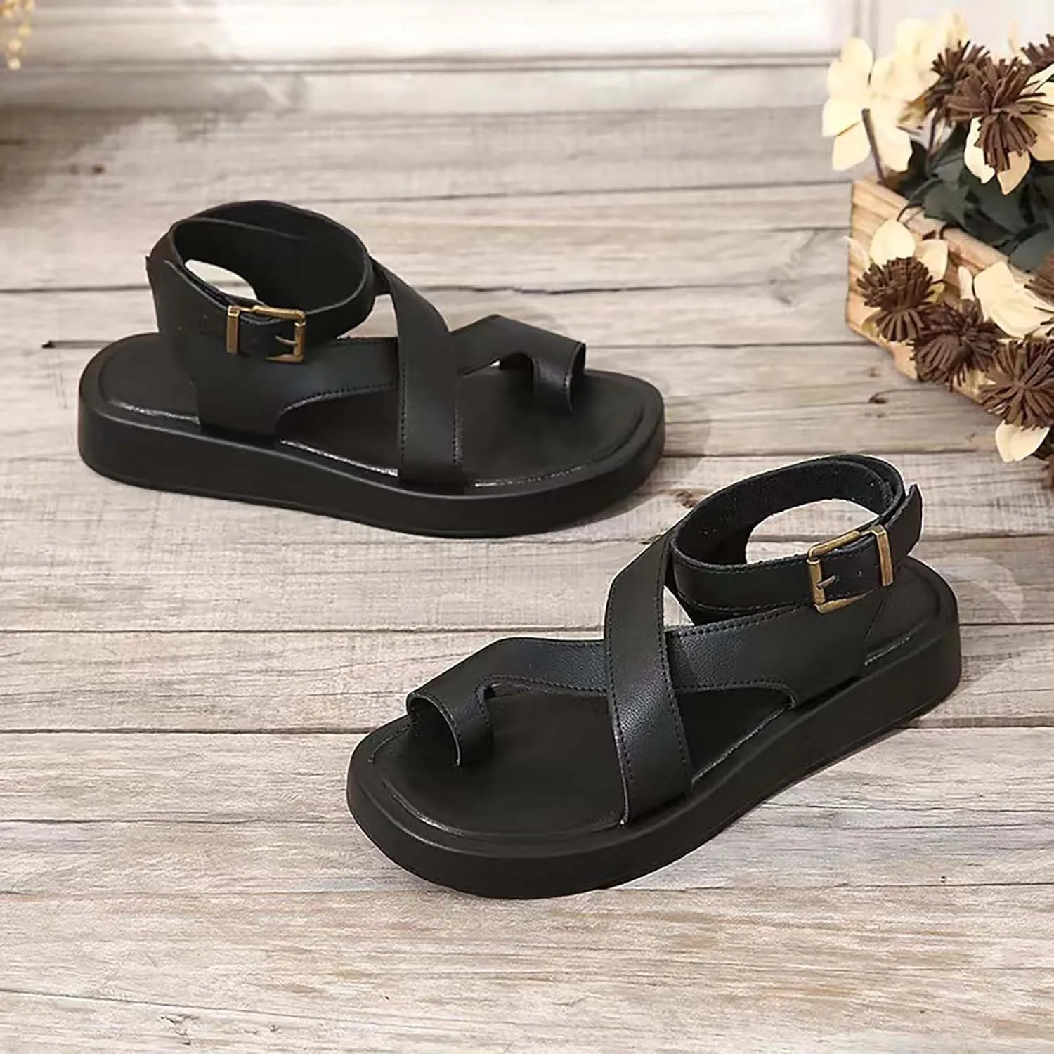 Women's Ankle wrap Footbed Sandal with Comfort Wide Widths Walking Sandals Comfortable Support Ankle Strap Platform Arch Adjustable Lightweight Summer Air Cushioned Beach Flat