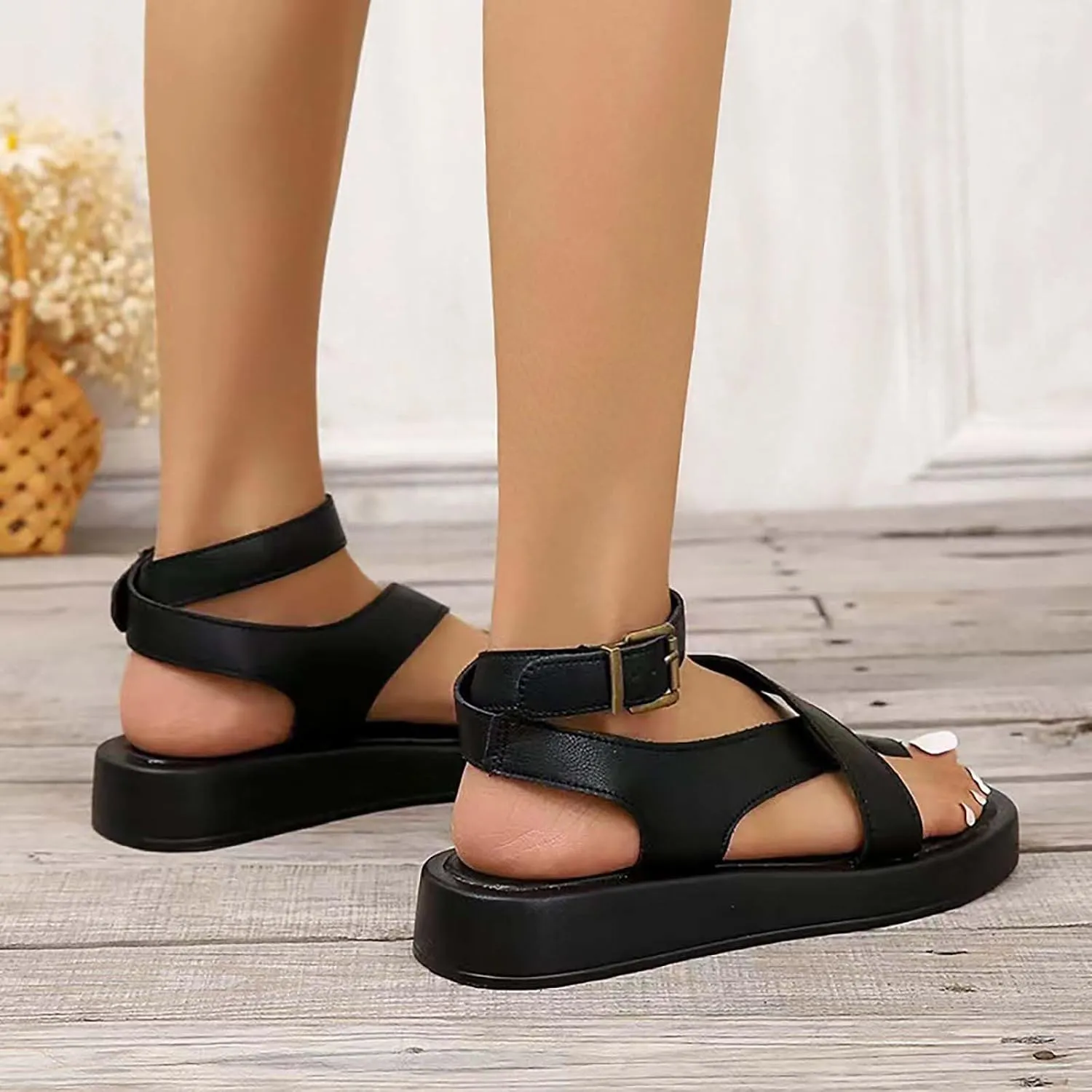 Women's Ankle wrap Footbed Sandal with Comfort Wide Widths Walking Sandals Comfortable Support Ankle Strap Platform Arch Adjustable Lightweight Summer Air Cushioned Beach Flat