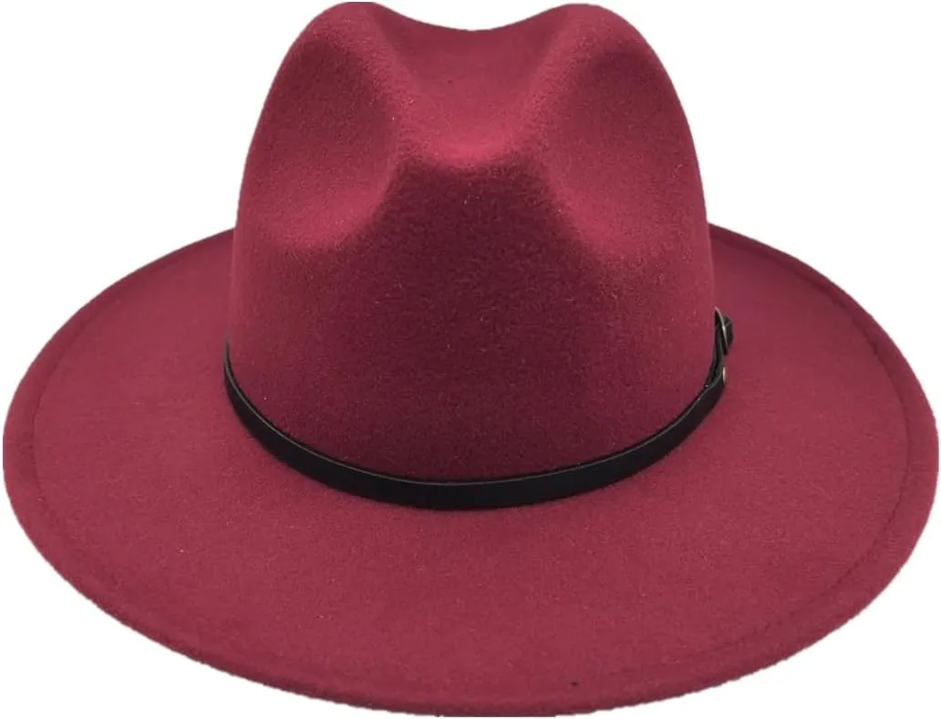 Women's Fashion Flat Wide Brim Hat Classic Wool Felt Panama Hat with Belt Buckle