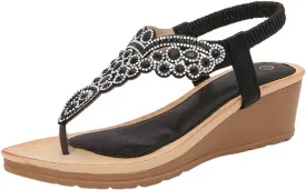 Womens Sandals 2025 Low Wedge Fashion Heels Rhinestone Trendy Flower Shoes Buckle Bohemian Open Toe Sandals Dressy Pearl Crystal Flat Sandal Elastic Ankle Strap Shoes 2025