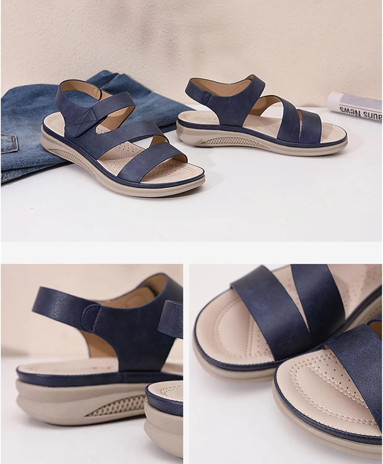 Womens Sandals Flats Comfortable Leather Walking Orthopedic Sandals Open Toe Hook And Loop Closure Non Slip Sandal Comfort Yoga Mat Shoes for Women