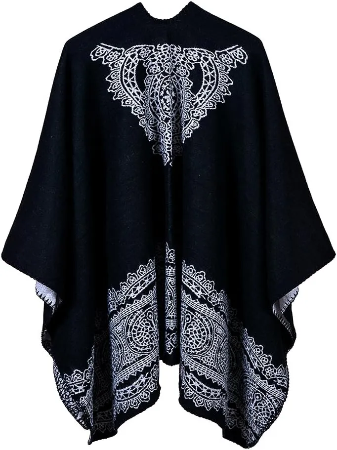 Women's Vintage Pattern Open Front Poncho Cape Shawl Winter Shawl Wraps