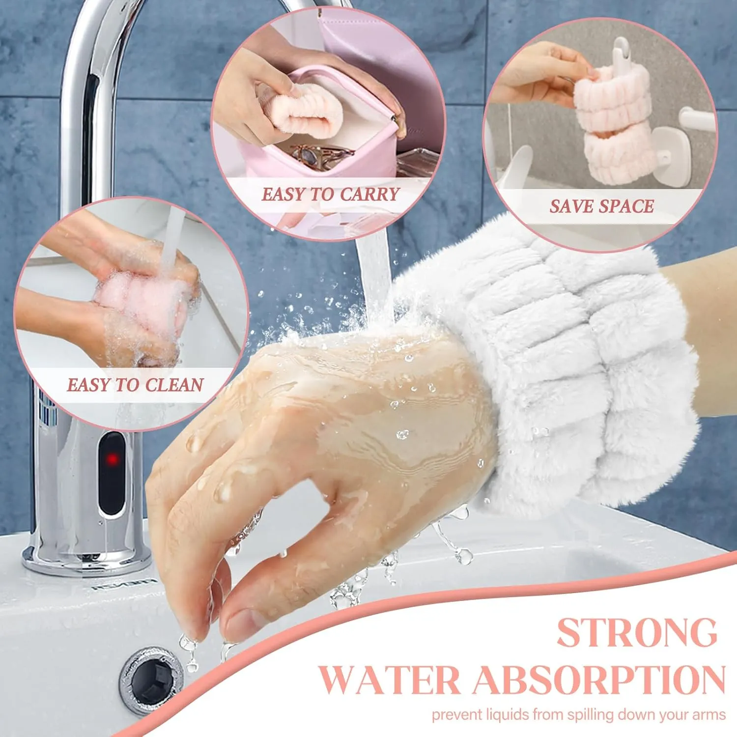 Women's Wrist Towels for Washing Face, Microfiber Spa Wash Band, Absorbent Wristbands Sweatband for Girls Prevent Water from Spilling Down Your Arms 6PCS