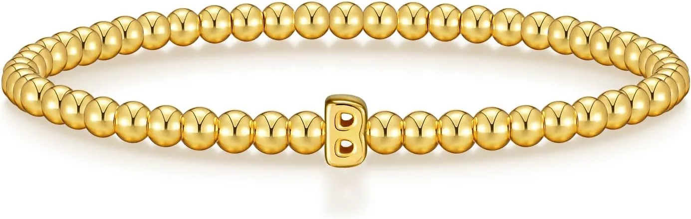 Wowshow Gold Bracelets for Women, 18K Gold Plated Stretch Initial Beaded Bracelets with A-Z Letter Charm Jewelry Gifts for Mother's Day Valentines Christmas