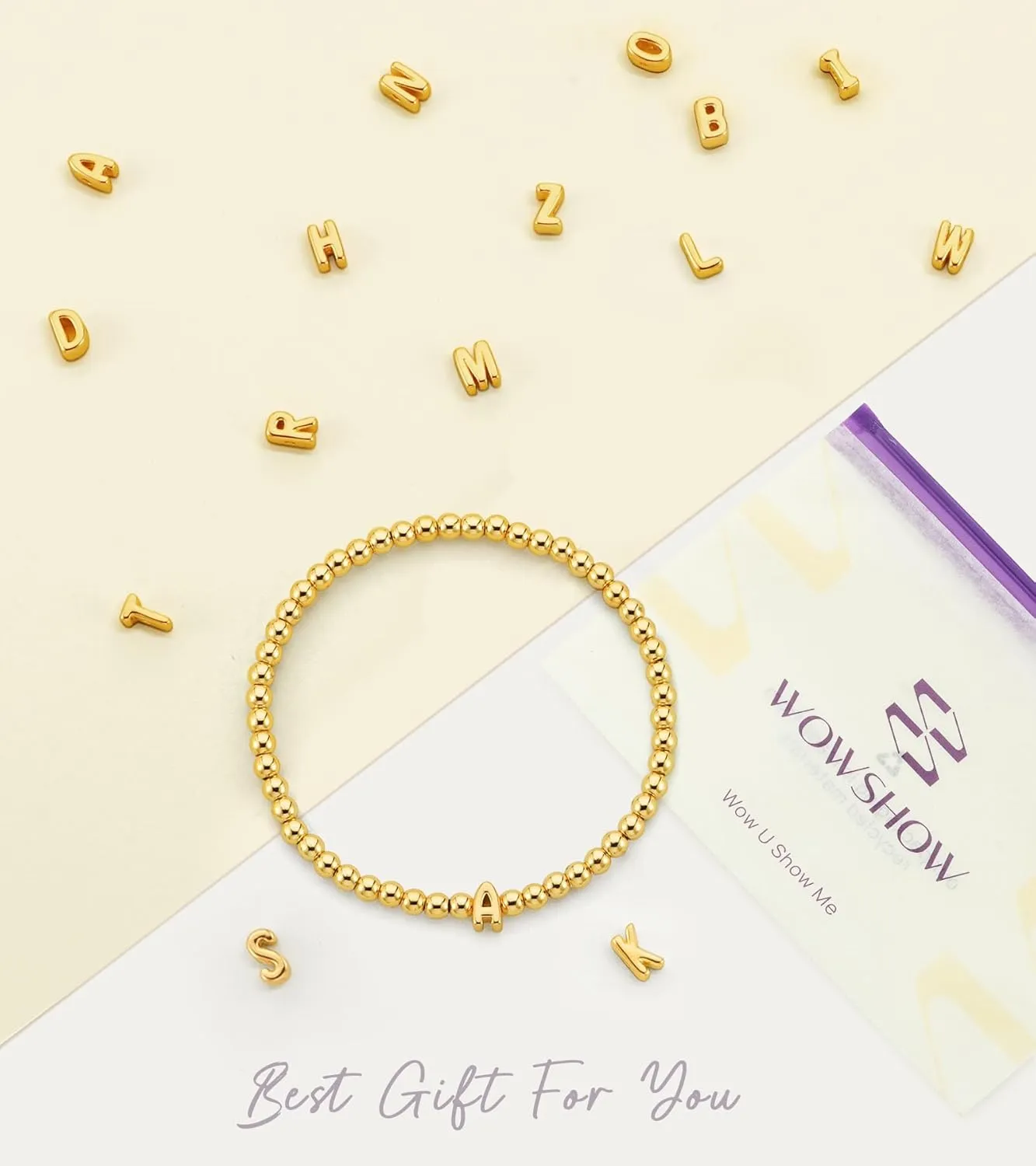 Wowshow Gold Bracelets for Women, 18K Gold Plated Stretch Initial Beaded Bracelets with A-Z Letter Charm Jewelry Gifts for Mother's Day Valentines Christmas