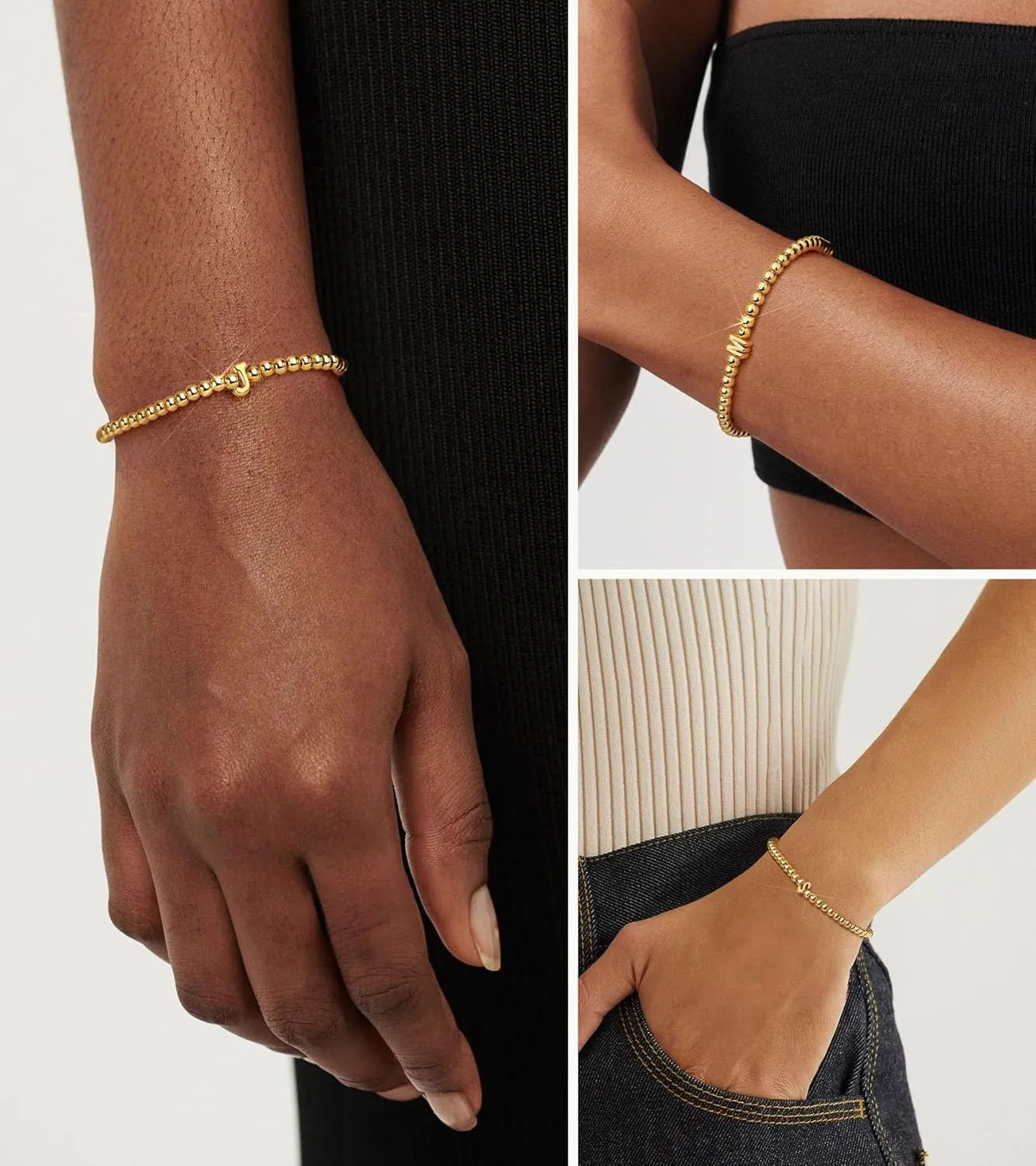 Wowshow Gold Bracelets for Women, 18K Gold Plated Stretch Initial Beaded Bracelets with A-Z Letter Charm Jewelry Gifts for Mother's Day Valentines Christmas