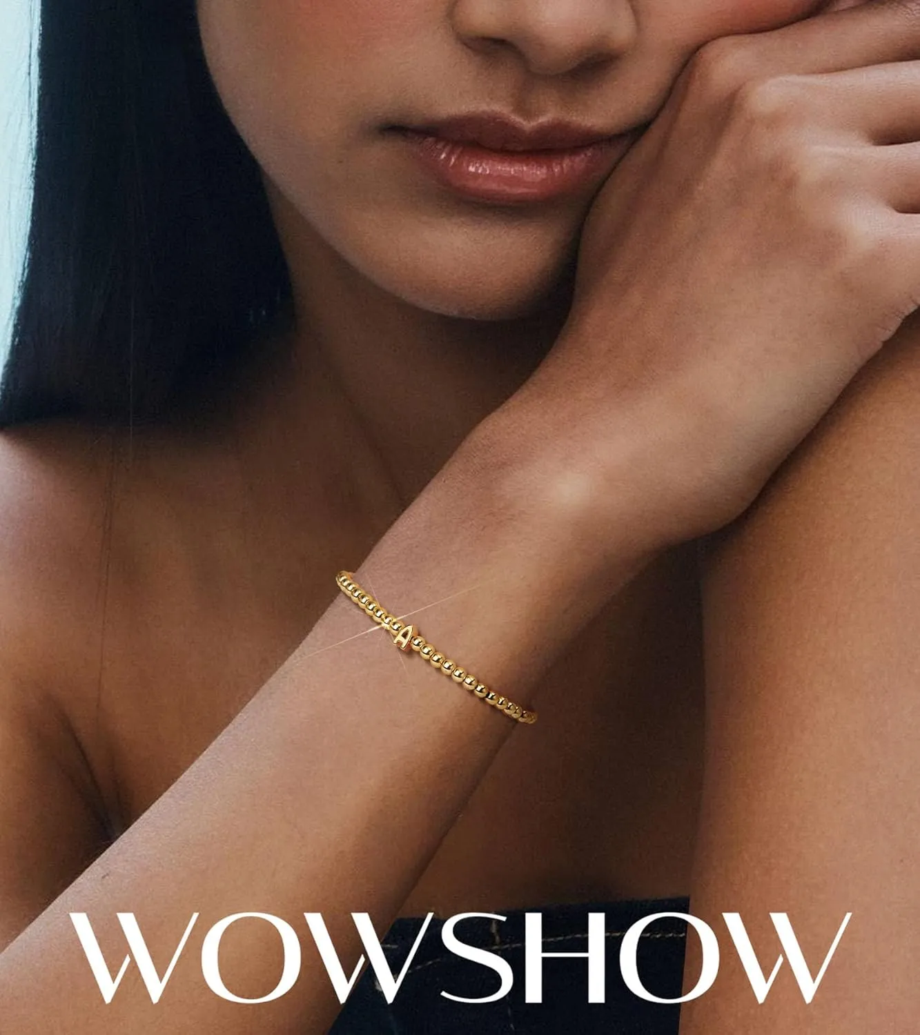Wowshow Gold Bracelets for Women, 18K Gold Plated Stretch Initial Beaded Bracelets with A-Z Letter Charm Jewelry Gifts for Mother's Day Valentines Christmas