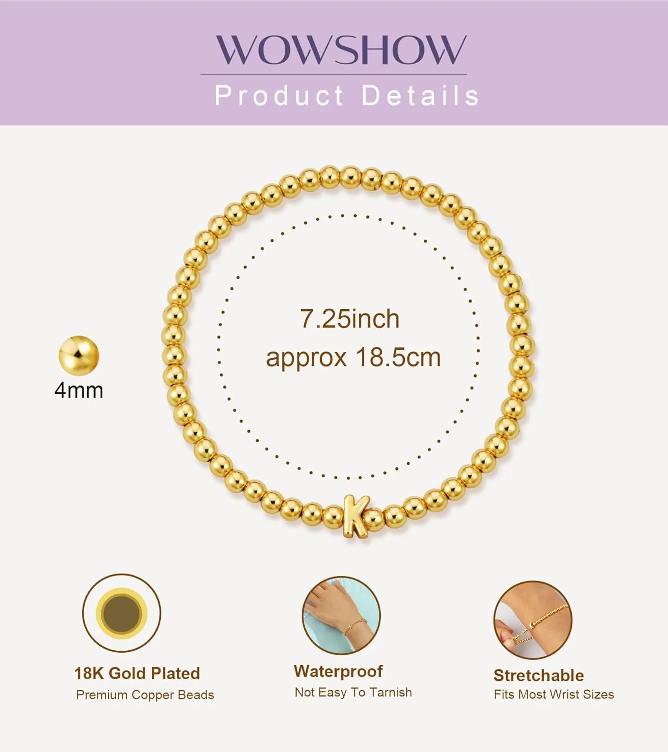Wowshow Gold Bracelets for Women, 18K Gold Plated Stretch Initial Beaded Bracelets with A-Z Letter Charm Jewelry Gifts for Mother's Day Valentines Christmas