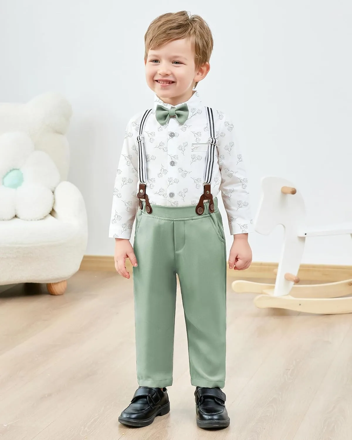 ZOEREA Toddler Baby Boy Suit Clothes Gentleman Wedding Outfits Long Sleeve Dress Shirt   Suspender Pants   Bowtie 1-5T